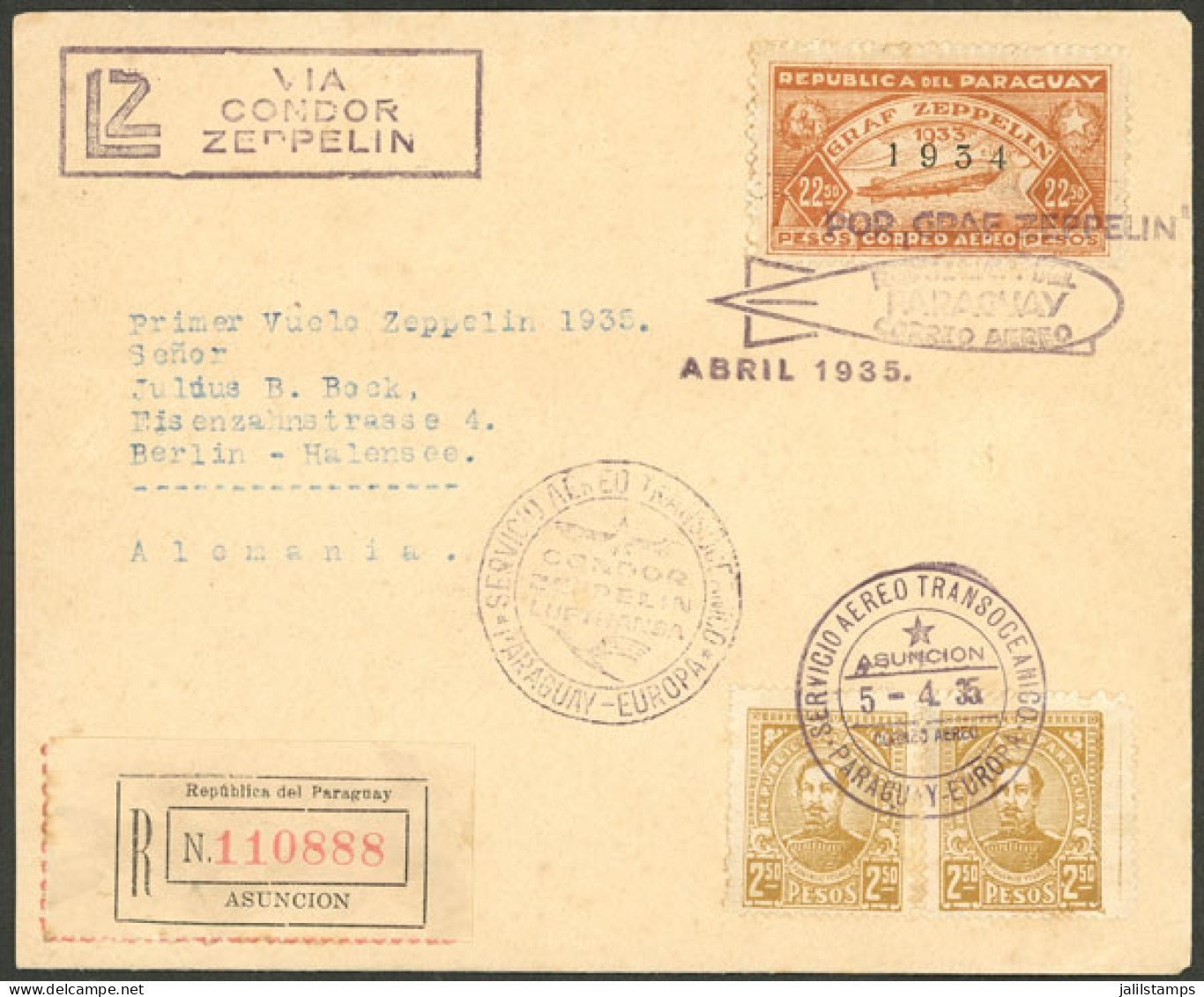 PARAGUAY: 5/AP/1935 Asunción - Germany, Registered Airmail Cover Sent Via Zeppelin On The 1st Flight Of That Year, Berli - Paraguay