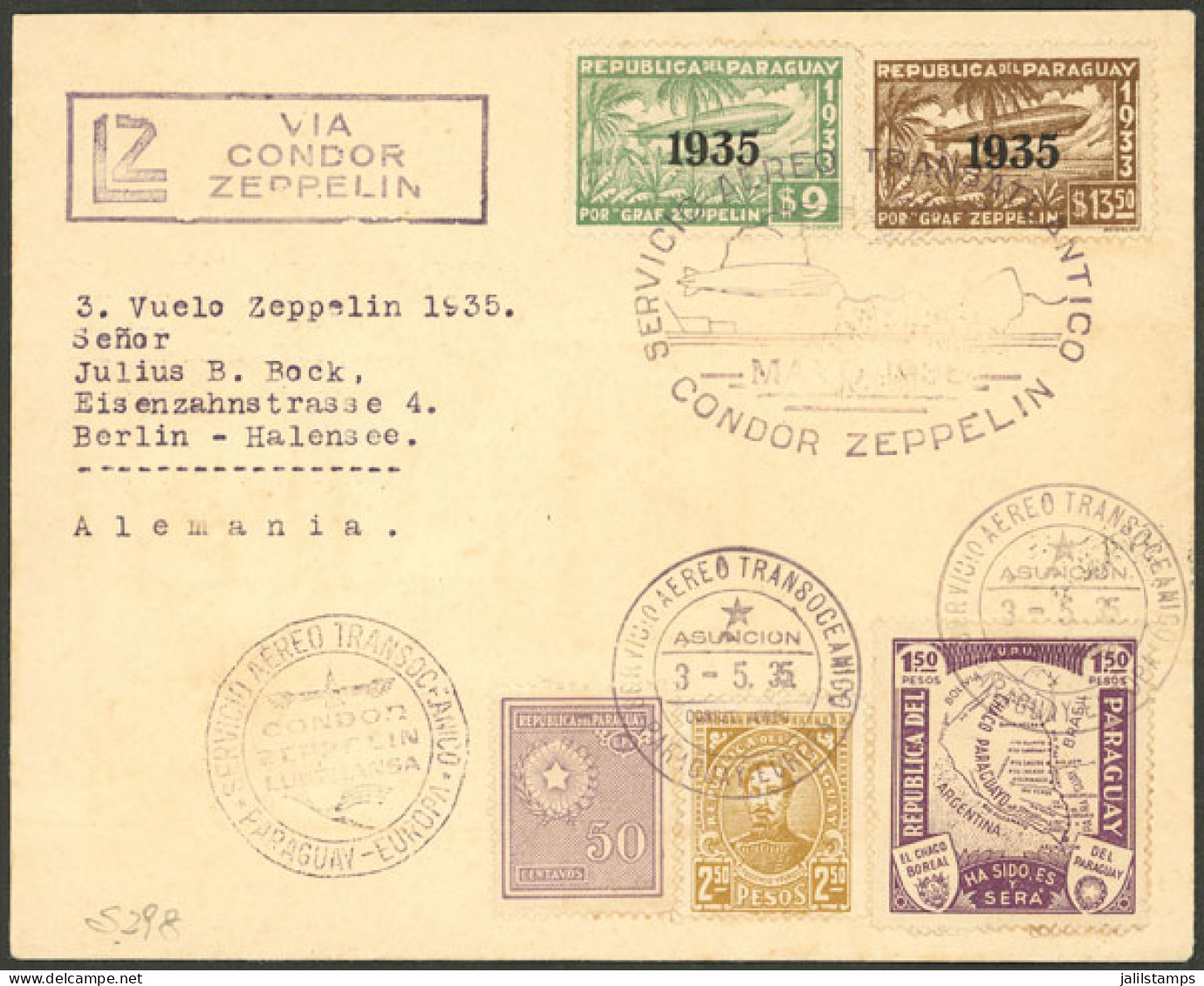 PARAGUAY: 3/MAY/1935 Asunción - Germany, Registered Airmail Cover Sent Via Zeppelin On The 3rd Flight Of That Year, Berl - Paraguay