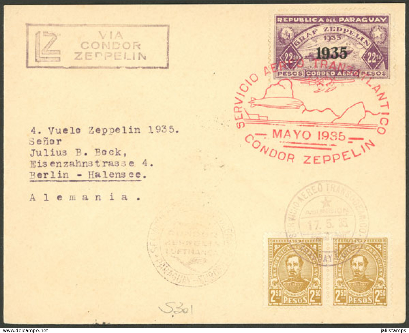 PARAGUAY: 17/MAY/1935 Asunción - Germany, Registered Airmail Cover Sent Via Zeppelin On The 4th Flight Of The Year, Berl - Paraguay