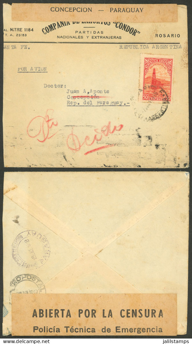 PARAGUAY: RARE CENSOR: Cover Sent From Rosario To Concepción (Paraguay) On 7/JUN/1947, On Back It Bears A Transit Mark O - Paraguay