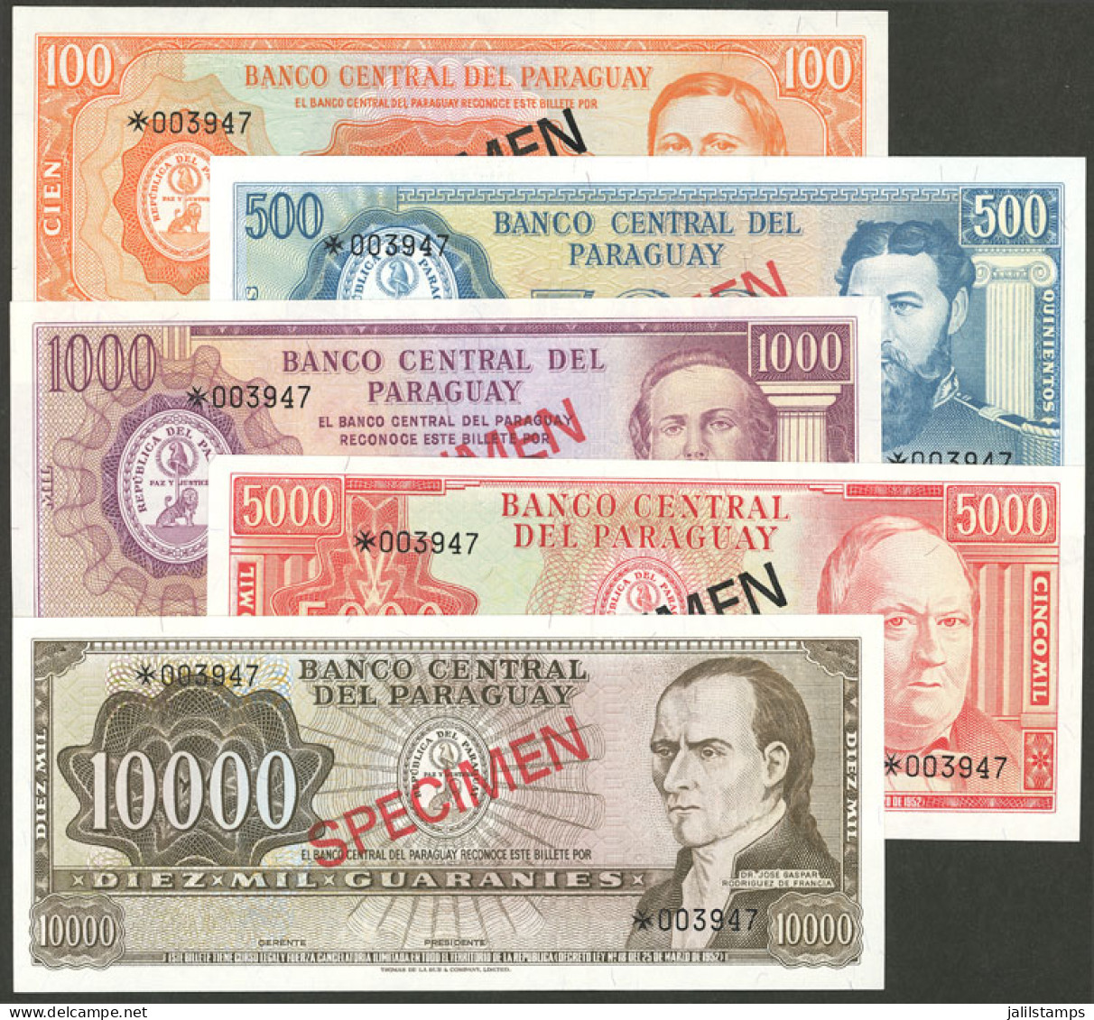 PARAGUAY: BANKNOTE: 5 Banknotes With Values Between 100 And 10,000 Guaraníes Printed By Thomas De La Rue, All Overprinte - Sin Clasificación