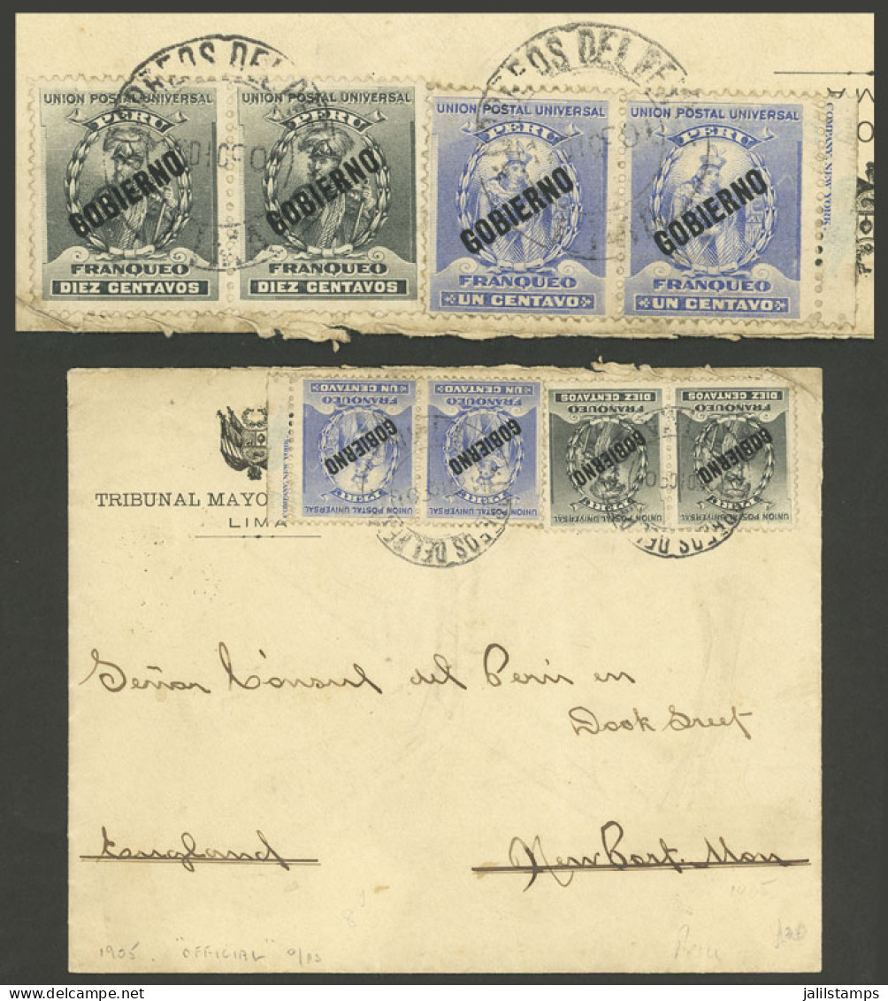 PERU: Official Cover Sent From Lima To England In DE/1904 With Double Franking Of 22c. Paid By Sc.O23 + O25 In Pairs, VF - Pérou