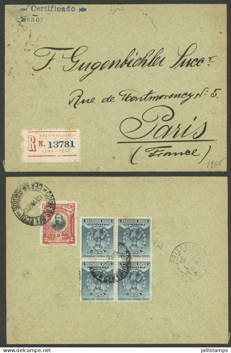 PERU: 12/JUN/1905 Lima - Paris, Registered Cover Franked With 22c. (12c. Single Rate + 10c. Registration), Very Nice! - Pérou