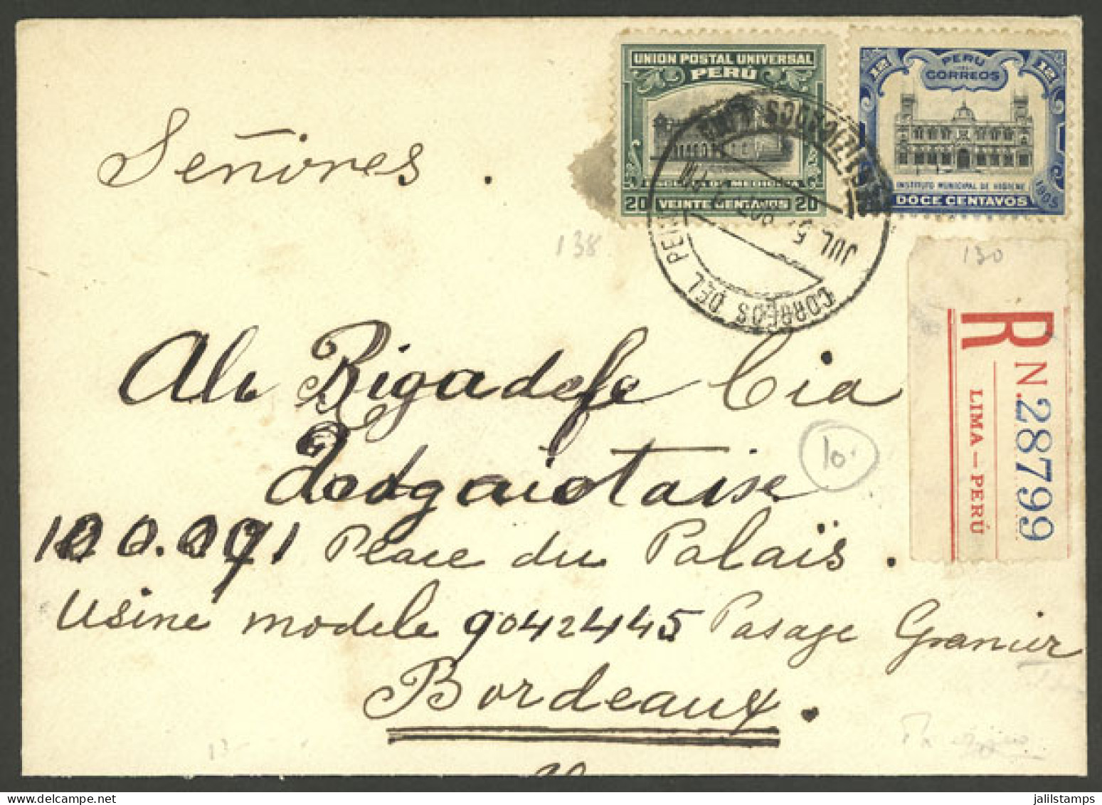 PERU: 5/JUL/1905 Lima - France, Registered Cover Franked With 32c. (10c. Registration Fee + 22c. Postage), Very Nice! - Perù