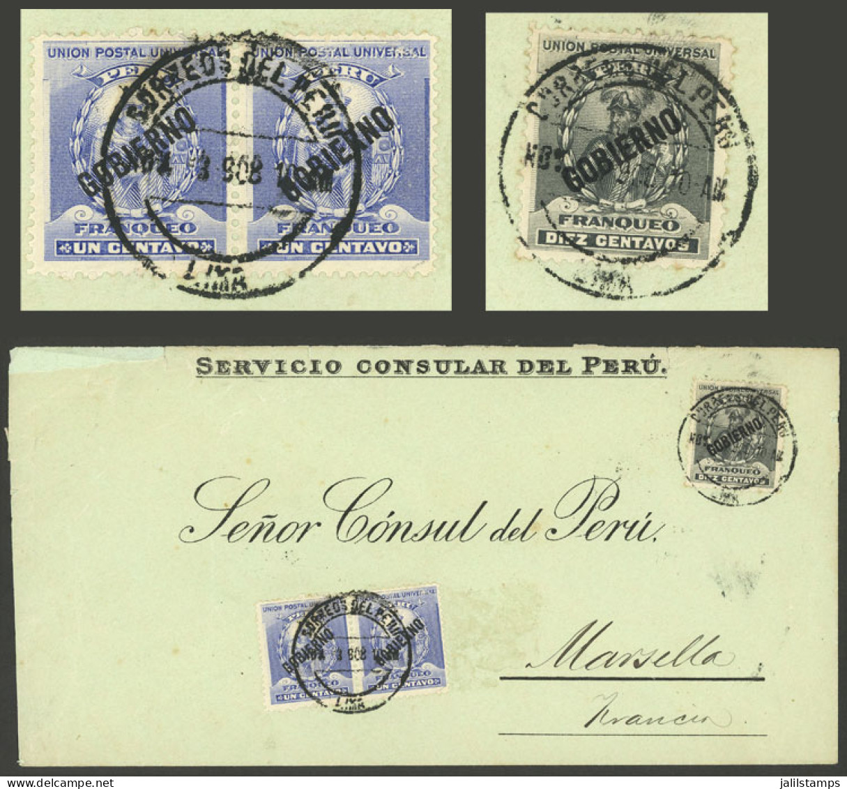 PERU: Official Cover Sent From Lima To France In MAR/1908, Franked With Sc.O23 Pair + O25, Total Postage 12c., VF Qualit - Perù