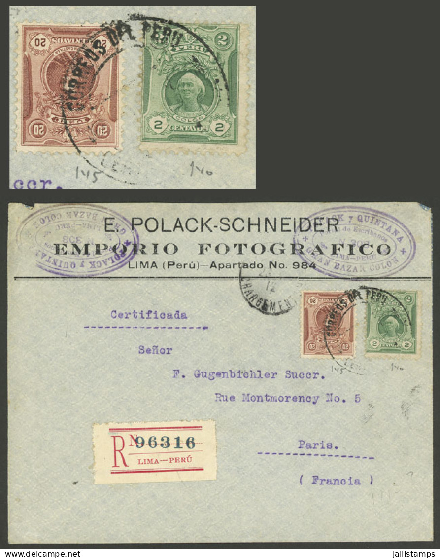 PERU: JUN/1912 Lima - Paris, Registration Cover Franked With 22c., Very Nice! - Perú