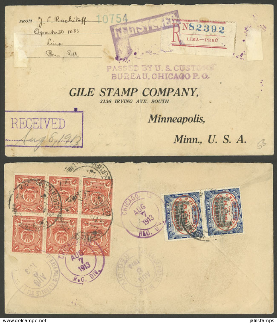 PERU: RARE POSTAGE COMBINATION: Registered Cover Sent From Lima To USA On 15/JUL/1913 Franked On Back With 22c. Combinin - Perù