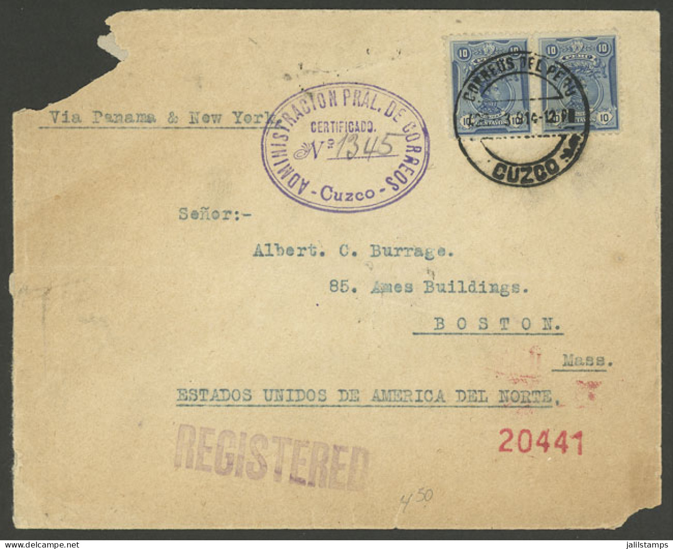 PERU: 30/MAR/1914 Cuzco - USA, REGISTERED Cover With Unusual Postage Of 20c., With Attractive Violet Oval Registration M - Perù