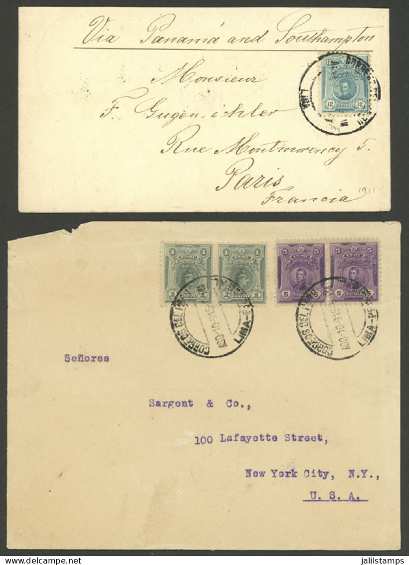 PERU: 2 Covers Sent In Circa 1915 To Paris And USA, Both Franked With 12c., VF Quality! - Peru