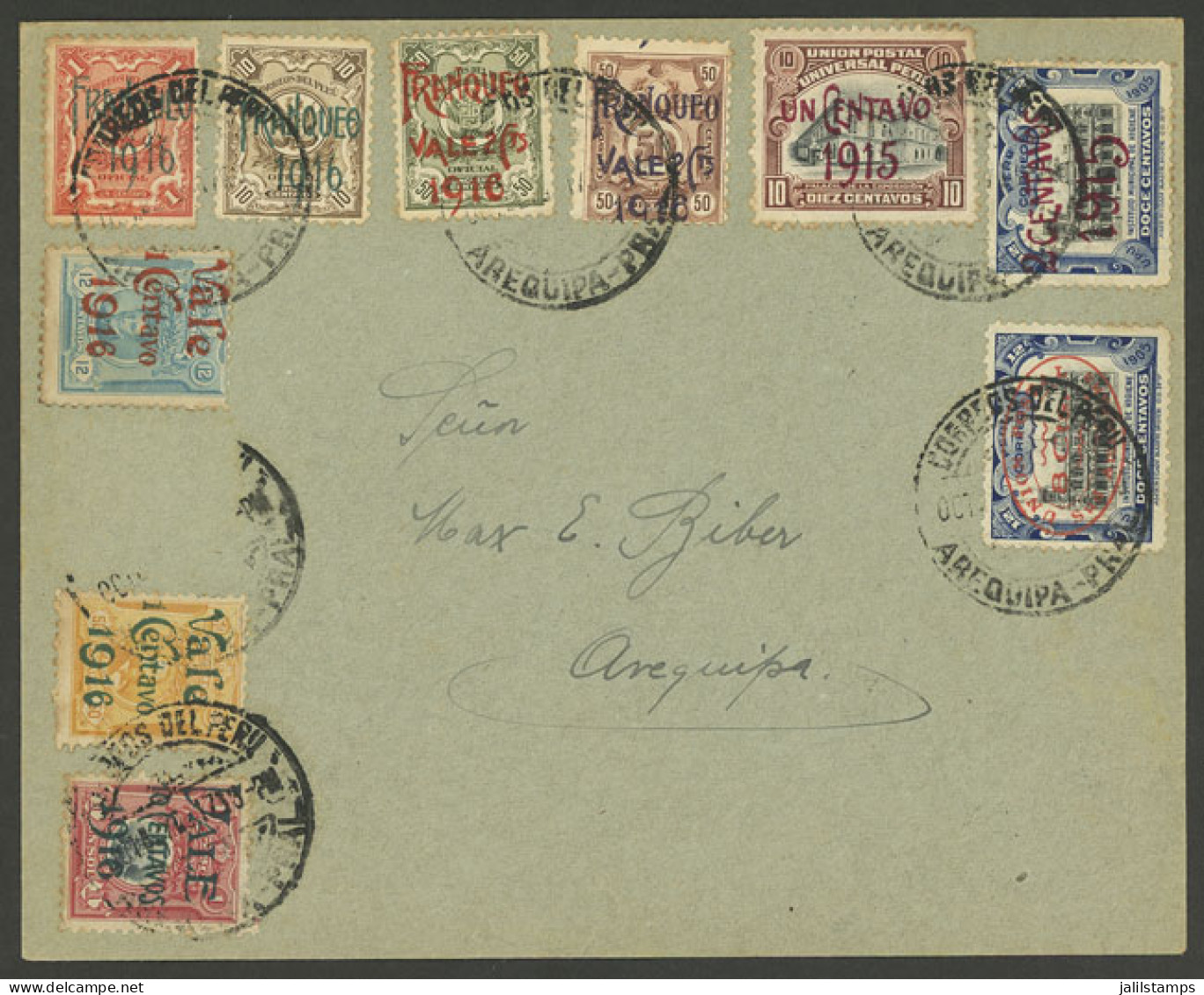 PERU: Cover Used In Arequipa In OC/1917 With Multicolor Postage Of 10 Overprinted Stamps, VF Quality! - Pérou