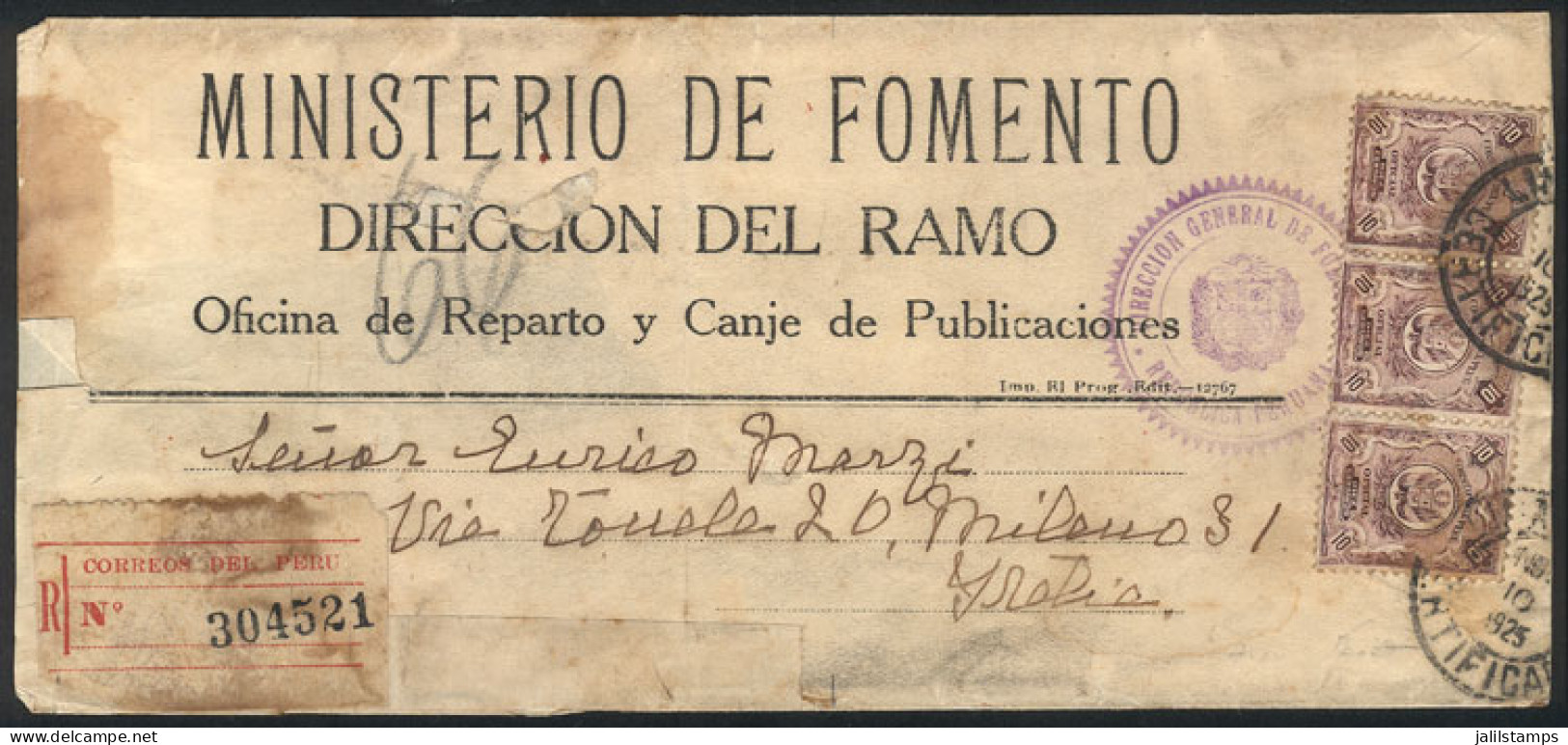 PERU: OFFICIAL Wrapper That Contained Printed Matter Sent By REGISTERED Mail From Lima To Italy On 10/NO/1925 With Offic - Perù