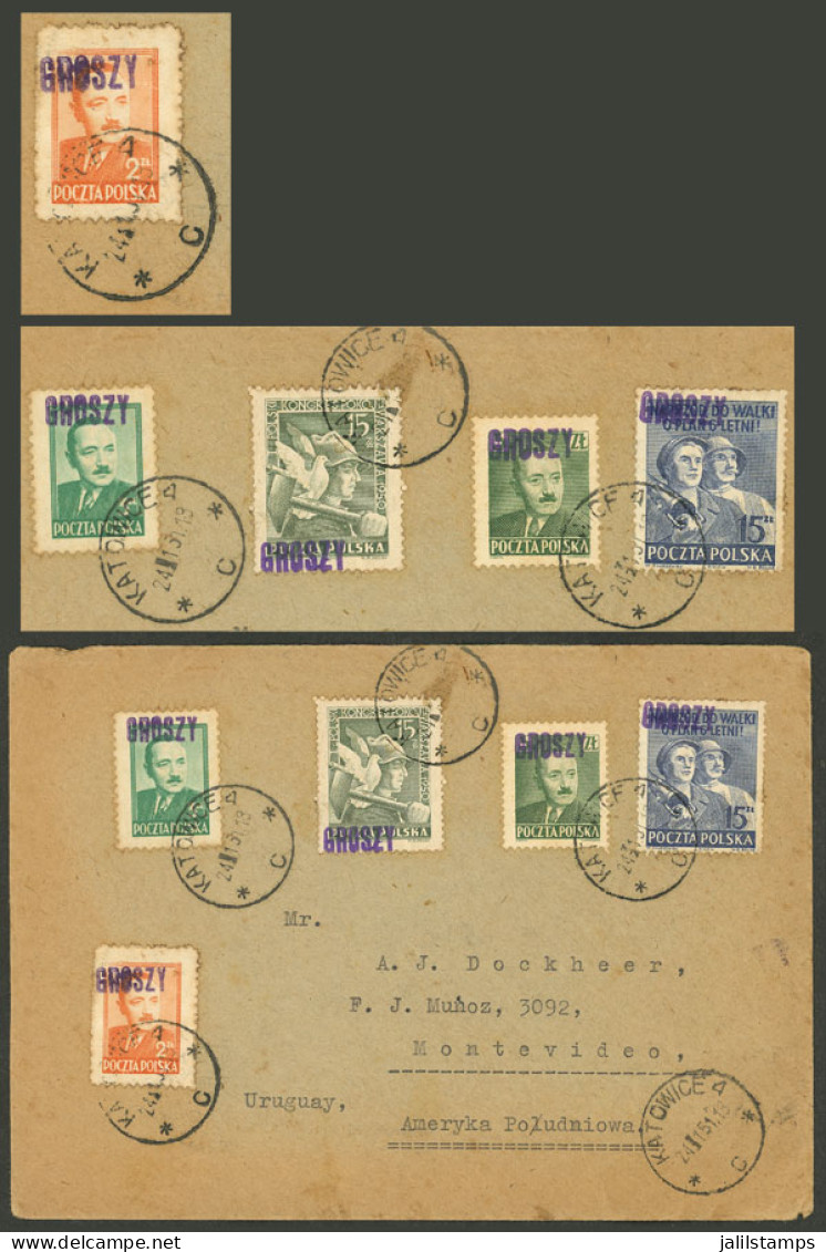 POLAND: 24/JA/1951 Katowicd - Uruguay, Cover Franked With 5 Different Stamps, All With The "GROSZY" Overprint, On Back A - Other & Unclassified