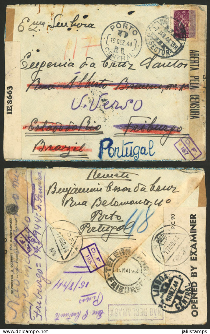 PORTUGAL: Cover Sent To Friburgo (Brazil) On 7/JA/1944 Franked With 50Rs. When The Addressee Could Not Be Located, The C - Otros & Sin Clasificación