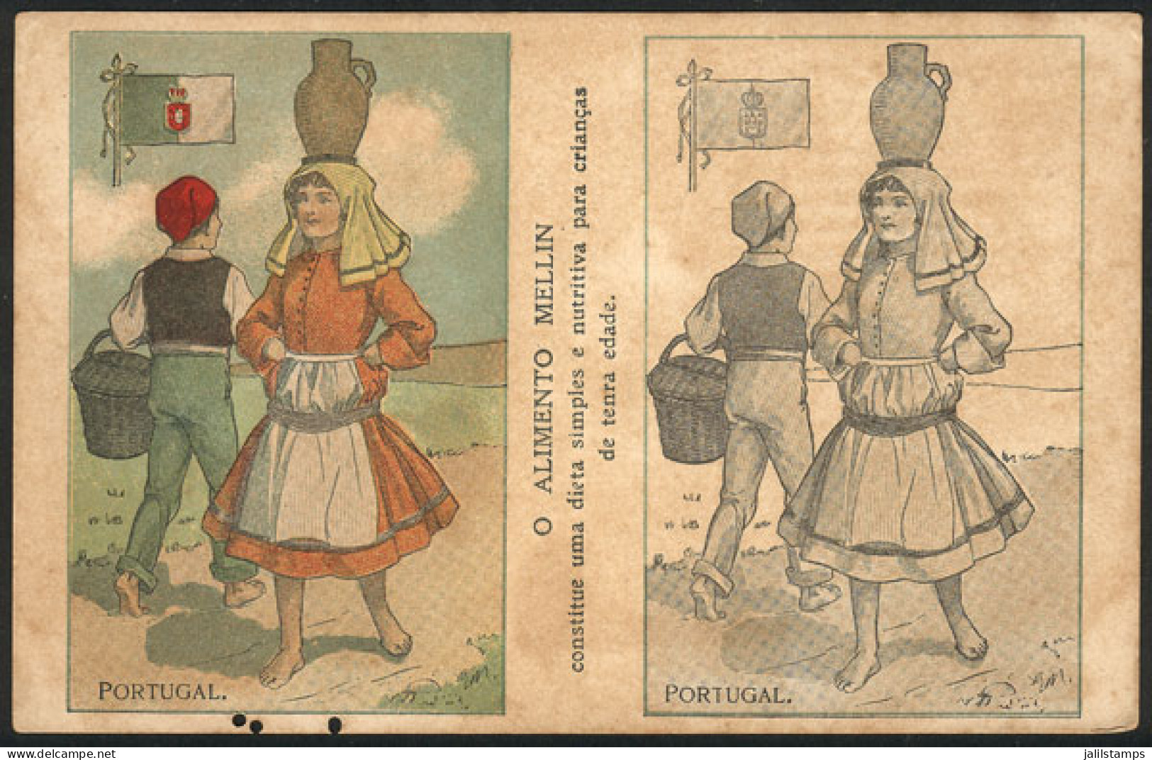 PORTUGAL: Postcard With Advertising For Children's Food "MELLIN", Illustrated With View Of Woman Carrying A Vessel On He - Sonstige & Ohne Zuordnung