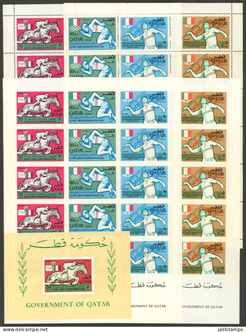 QATAR: Sc.103/103A + 103B, 1966 Mexico Olympic Games, The Set Of 6 Values In Complete Sheets Perforated + IMPERFORATE +  - Qatar