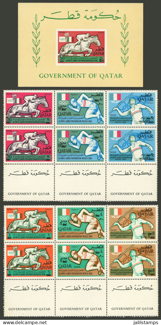 QATAR: Sc.120/120A + 120B, 1966 Mexico Olympic Games Overprinted With New Currency, The Set Of 6 Values Pairs + S.sheets - Qatar
