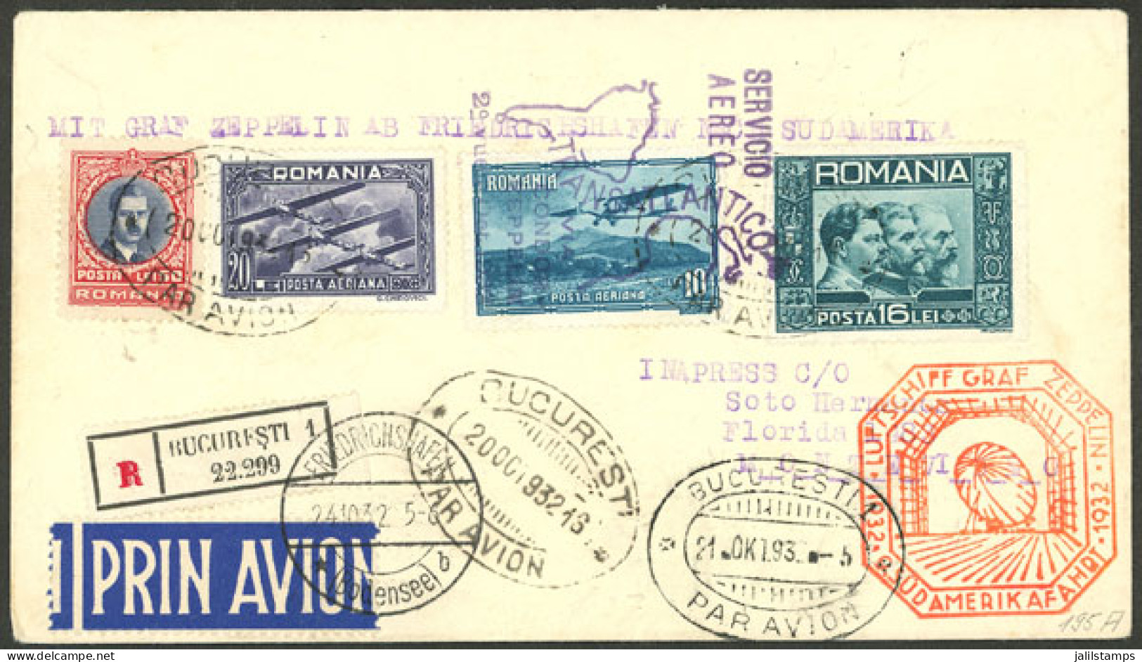 ROMANIA: 20/OC/1932 Bucuresti - Uruguay, Registered Airmail Cover Sent By Zeppelin, Special Handstamps, Transit Mark, Et - Autres & Non Classés