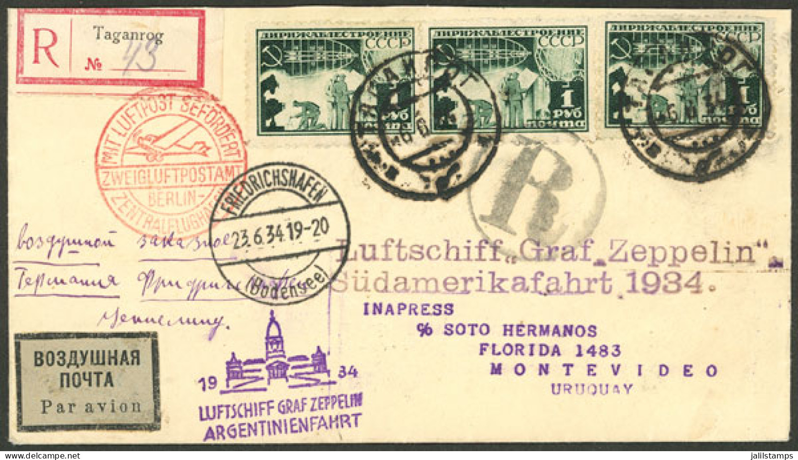 RUSSIA: 6/JUN/1934 Taganrog - Uruguay, Registered Airmail Cover Sent By Zeppelin On Special Flight To Argentina, With Va - Other & Unclassified