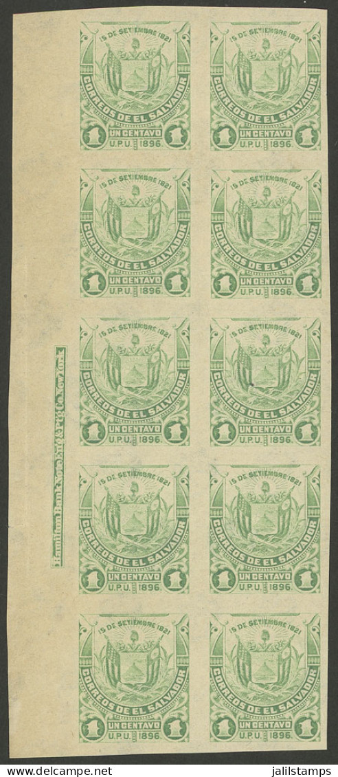 EL SALVADOR: Sc.146, 1896 1c. Coat Of Arms Printed On Paper With INVERTED Watermark, IMPERFORATE Block Of 10, With Left  - El Salvador