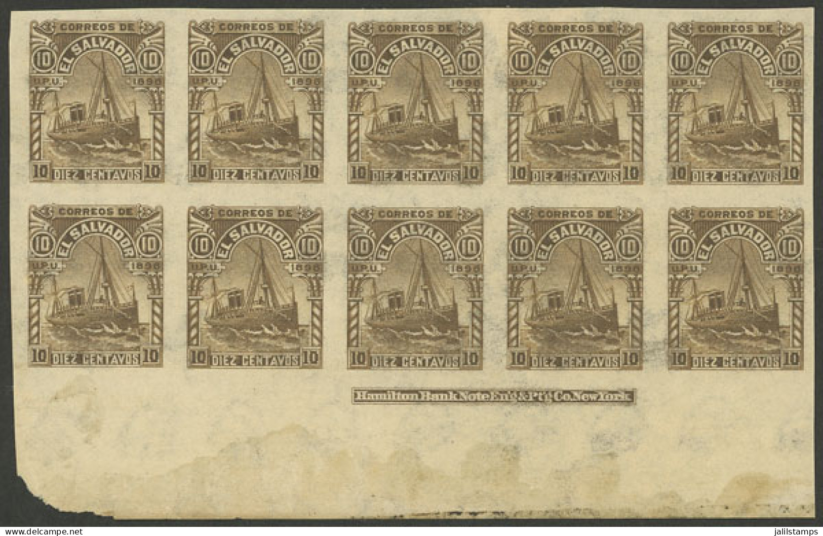 EL SALVADOR: Sc.150, 1896 10c. Boat, Printed On Paper With Watermark, IMPERFORATE Block Of 10, With Bottom Sheet Margin  - El Salvador