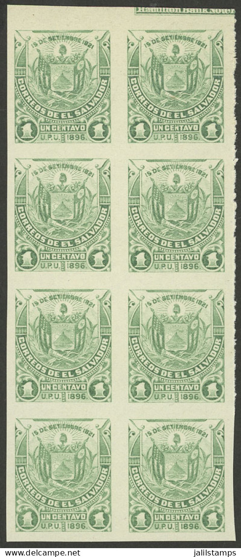 EL SALVADOR: Sc.157B, 1896 1c. Coat Of Arms Printed On Paper Without Watermark Or Gum, IMPERFORATE Block Of 8, Very Fine - El Salvador