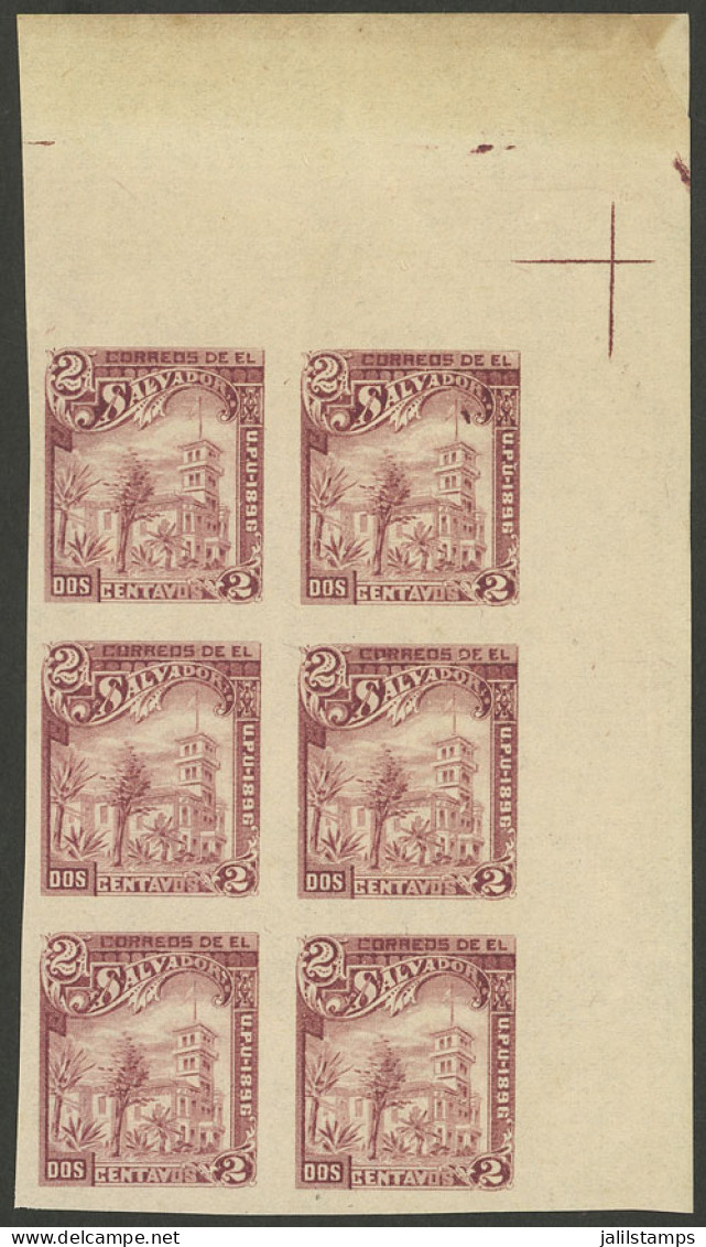 EL SALVADOR: Sc.157C, 1896 2c. Presidential Palace Printed On Paper Without Watermark Or Gum, IMPERFORATE Block Of 6, VF - Salvador