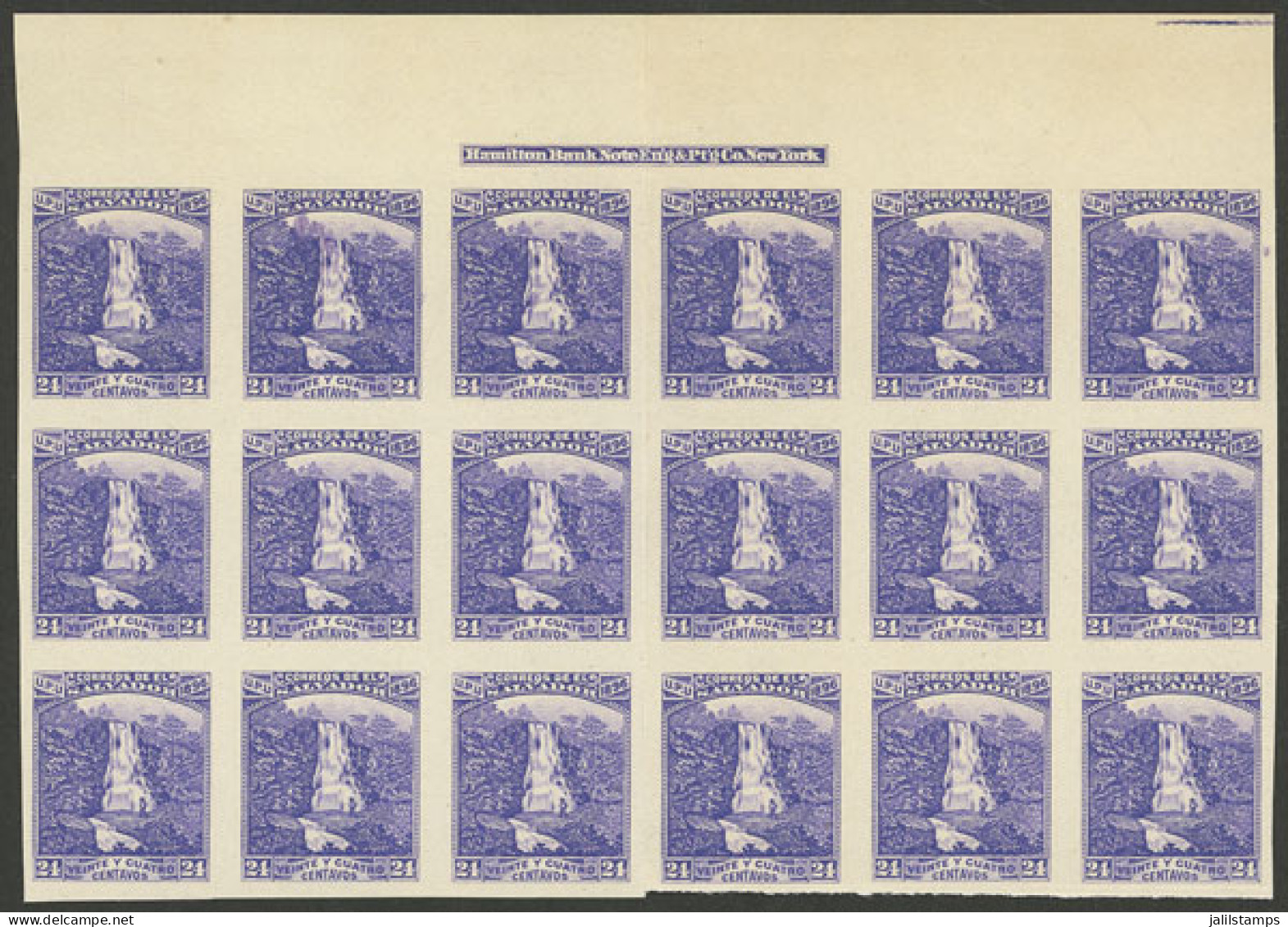 EL SALVADOR: Sc.157K, 1896 24c. Waterfall Atehausillas On Paper Without Watermark Or Gum, IMPERFORATE Block Of 18, With  - Salvador