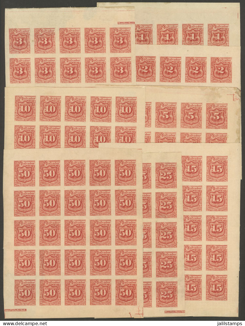 EL SALVADOR: Sc.J17/J24, 1896 Complete Set Of 8 Values Without Watermark, IMPERFORATE Sheets Of 25, Mint With Gum But As - El Salvador
