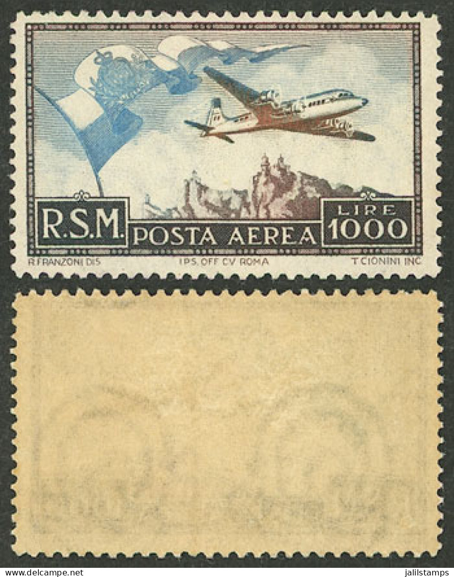 SAN MARINO: Yvert A.88, 1951 Airplane And Flag 1,000L, MNH But With The Gum Barely Darkened, Very Nice, Low Start! - Other & Unclassified