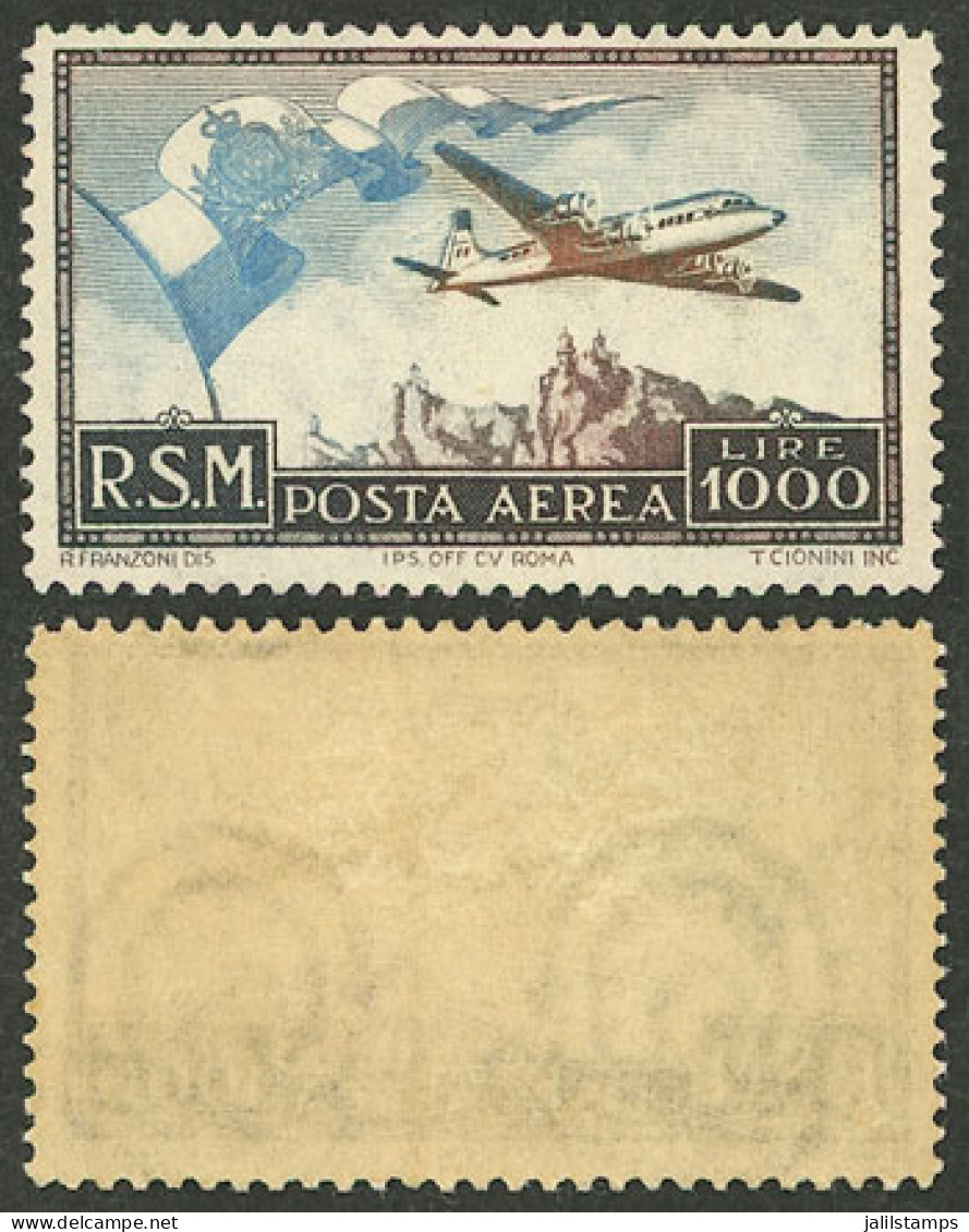 SAN MARINO: Yvert A.88, 1951 Airplane And Flag 1,000L, MNH But With The Gum Barely Darkened, Very Nice, Low Start! - Sonstige & Ohne Zuordnung