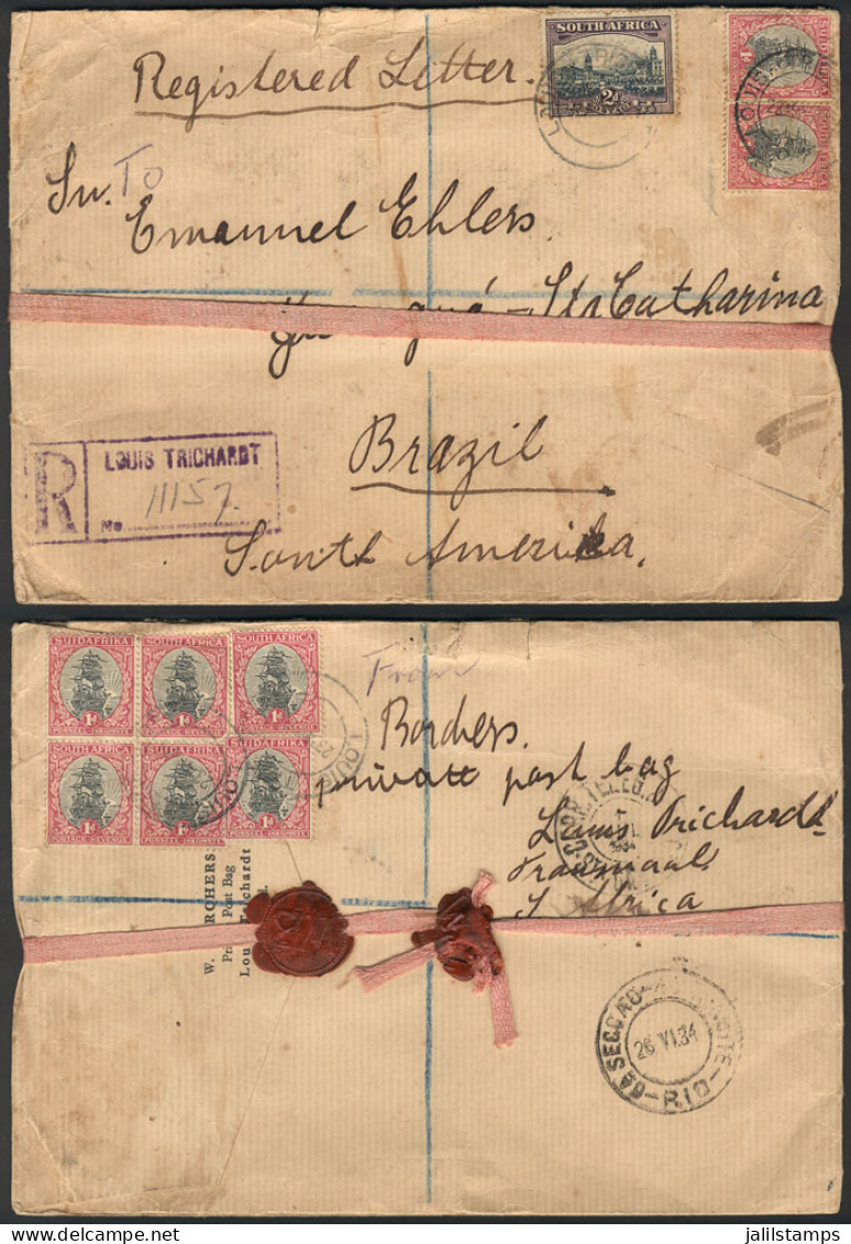 SOUTH AFRICA: Registered Cover Sent From LOUIS TRICHARST To Brazil On 26/MAY/1934, Nice Postage Applied On Front And Bac - Ohne Zuordnung