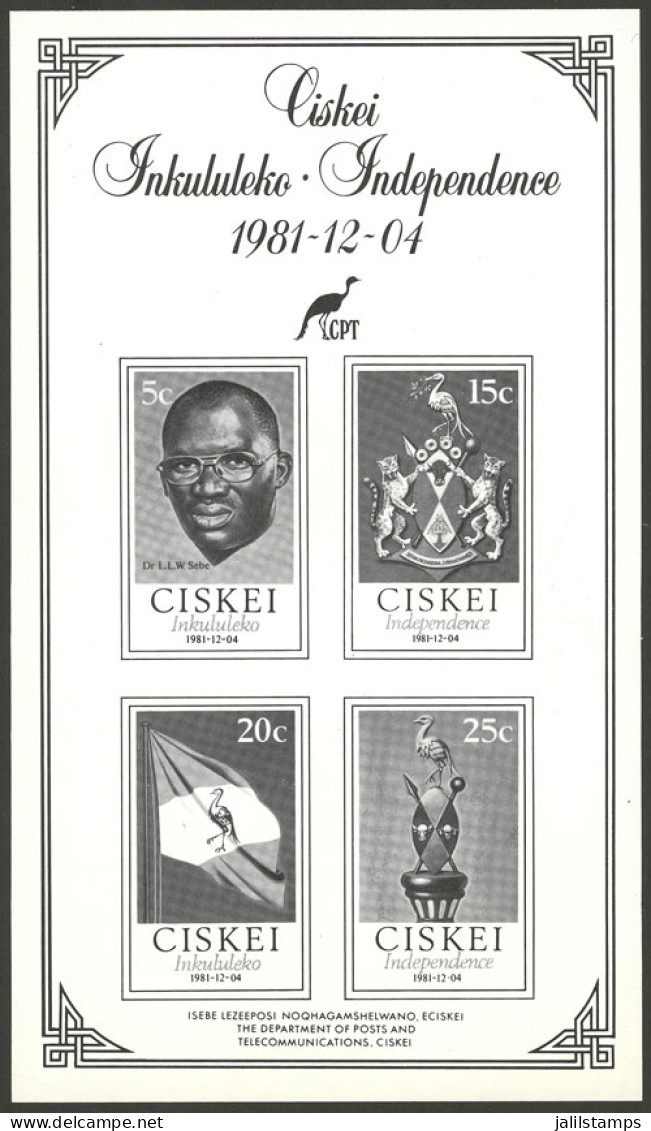 SOUTH AFRICA - CISKEI: Souvenir Sheet Issued In 1981 In Black Containing The Set Sc.1/4 Commemorating Independence, MNH, - Ohne Zuordnung