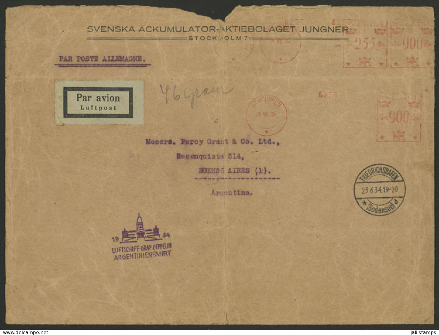 SWEDEN: 21/JUN/1934 Stockholm - Argentina, Cover With Attractive Multiple Meter Postage Carried By ZEPPELIN From Friedri - Other & Unclassified