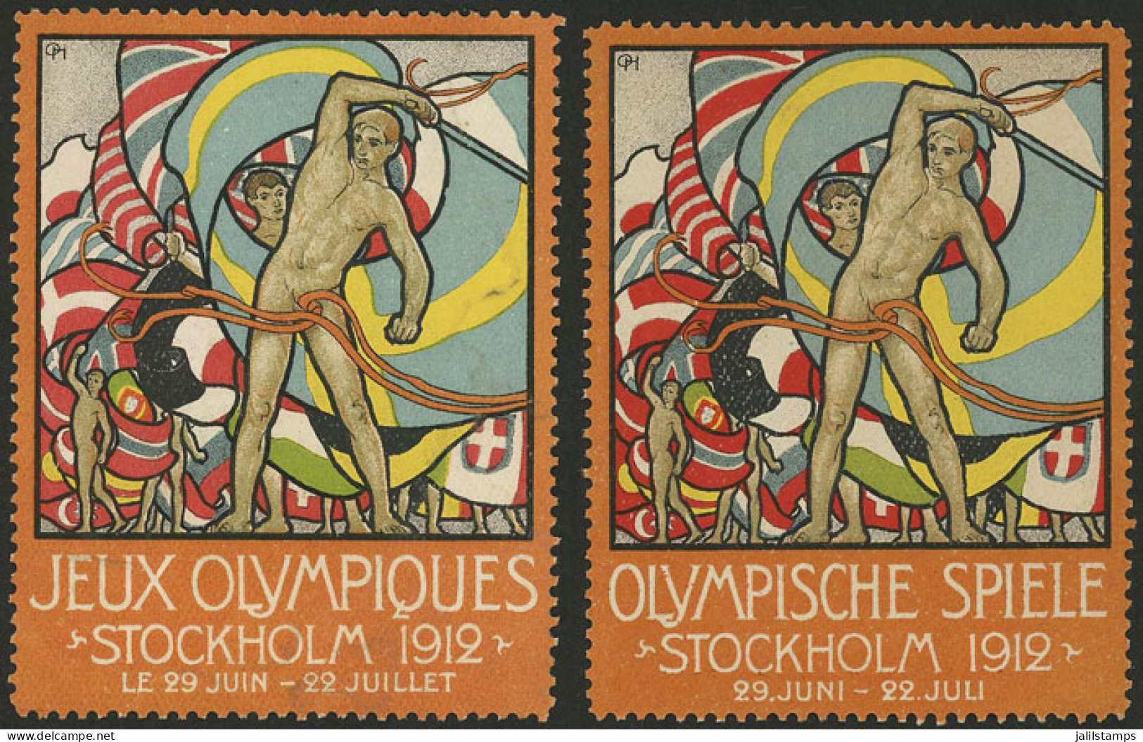 SWEDEN: 1912 Stockholm Olympic Games, 2 Cinderellas In French And German, Mint Without Gum, With Light Stains On Back Bu - Erinnofilia