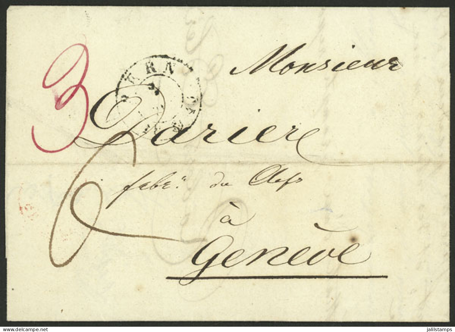 SWITZERLAND: Entire Letter Sent From BERN To Geneve On 3/JUL/1844, With (red) Arrival Backstamp, VF Quality! - Otros & Sin Clasificación