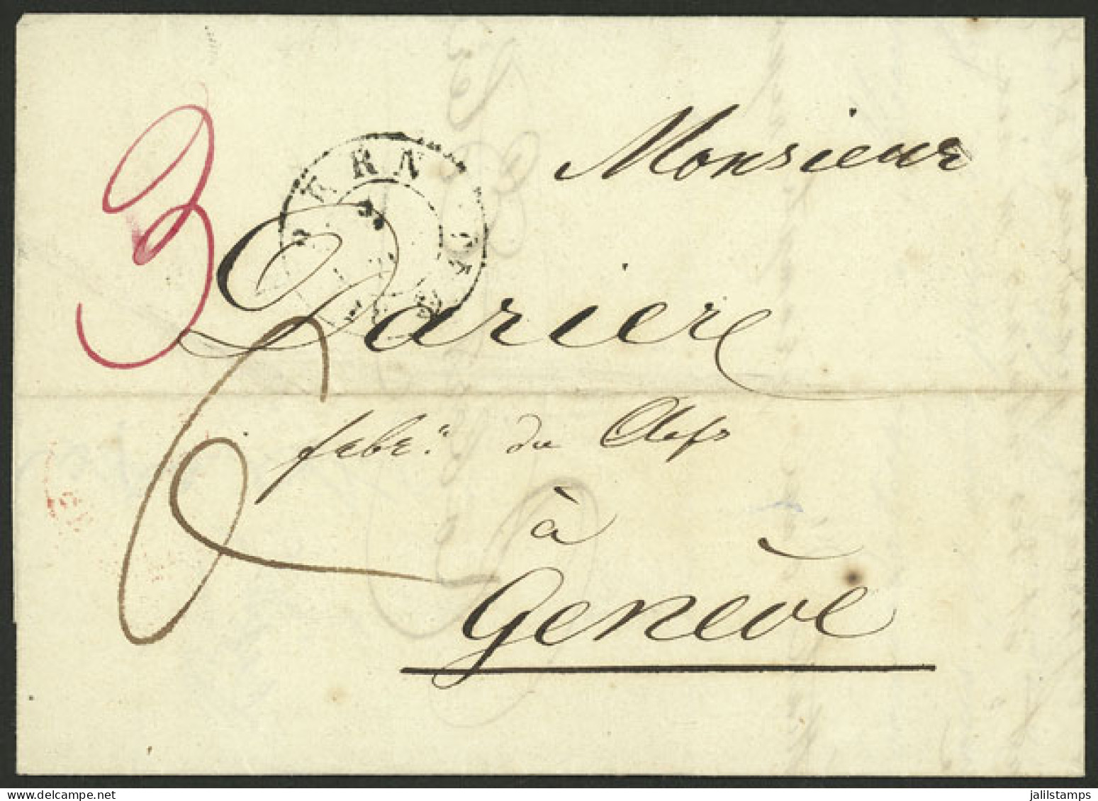 SWITZERLAND: Entire Letter Sent From BERN To Geneve On 3/JUL/1844, With (red) Arrival Backstamp, VF Quality! - Autres & Non Classés