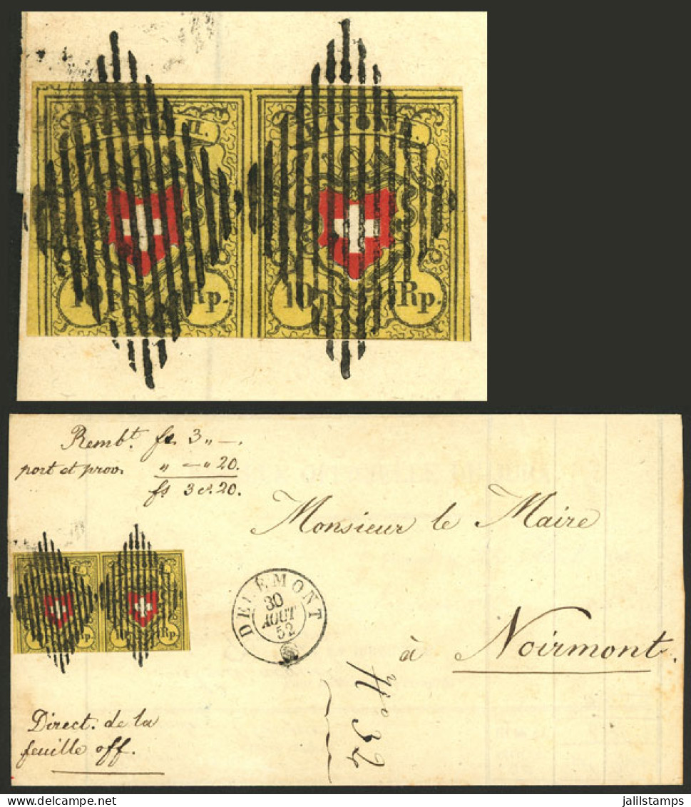 SWITZERLAND: 30/AU/1852 DELÉMONT - Noirmont: Folded Cover Franked With Pair Sc.8 (20Rp.), VF Quality! - Other & Unclassified