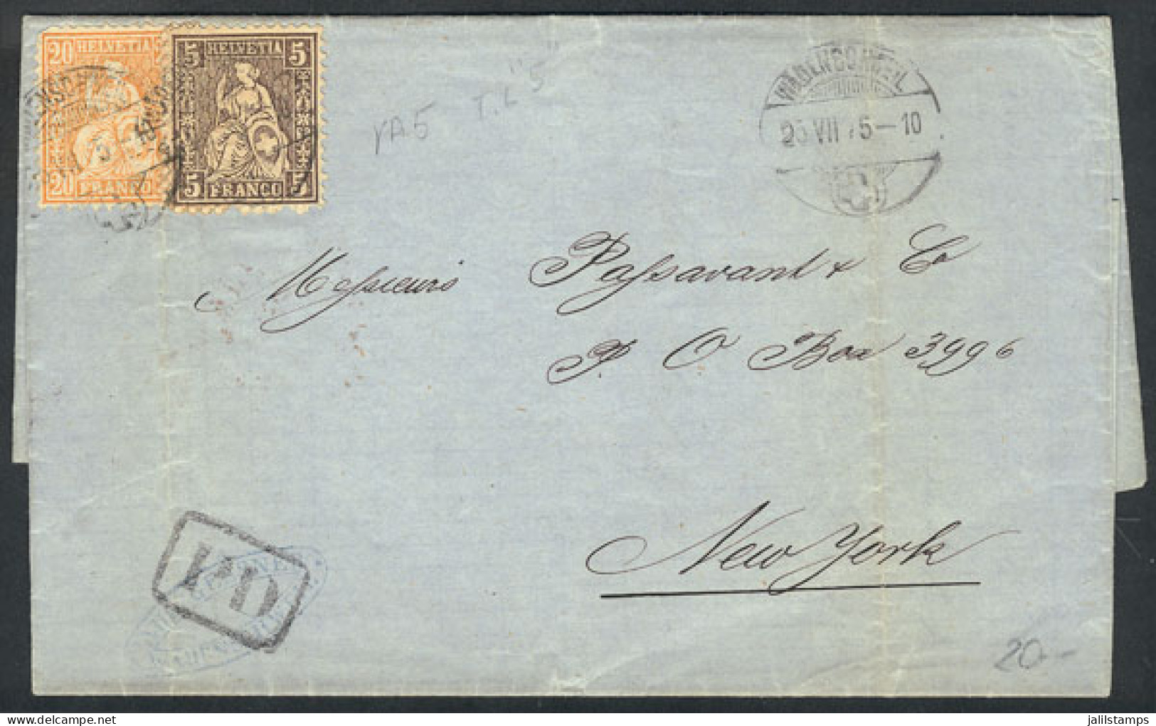 SWITZERLAND: Entire Letter Sent From WÄDENSCHWEIL To New York On 25/JUL/1875 Franked With 25c., Handsome! - Other & Unclassified