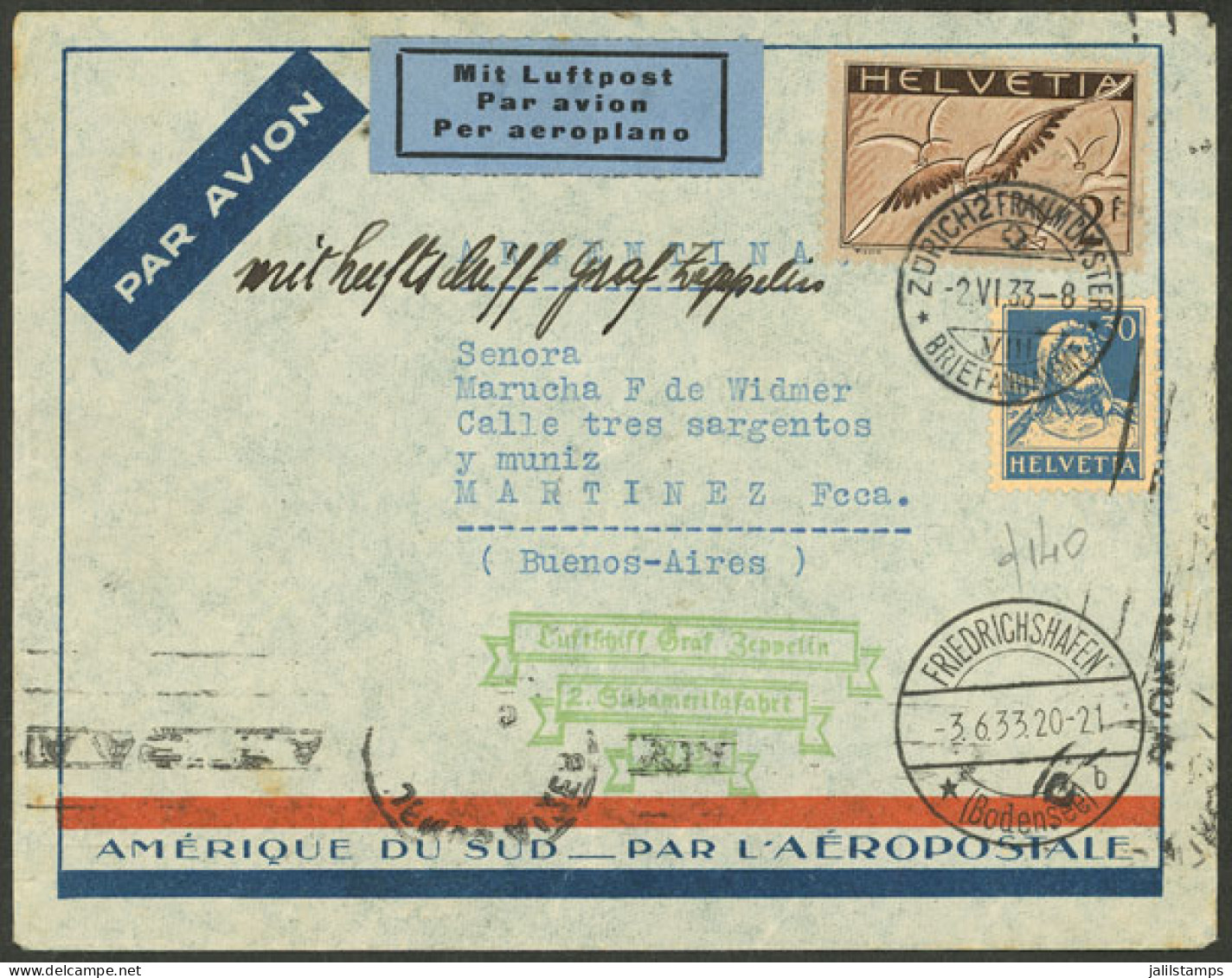 SWITZERLAND: 2/JUN/1933 Zürich - Argentina, Airmail Cover Carried By Zeppelin On 2nd Flight To South America Of 1933, Wi - Sonstige & Ohne Zuordnung
