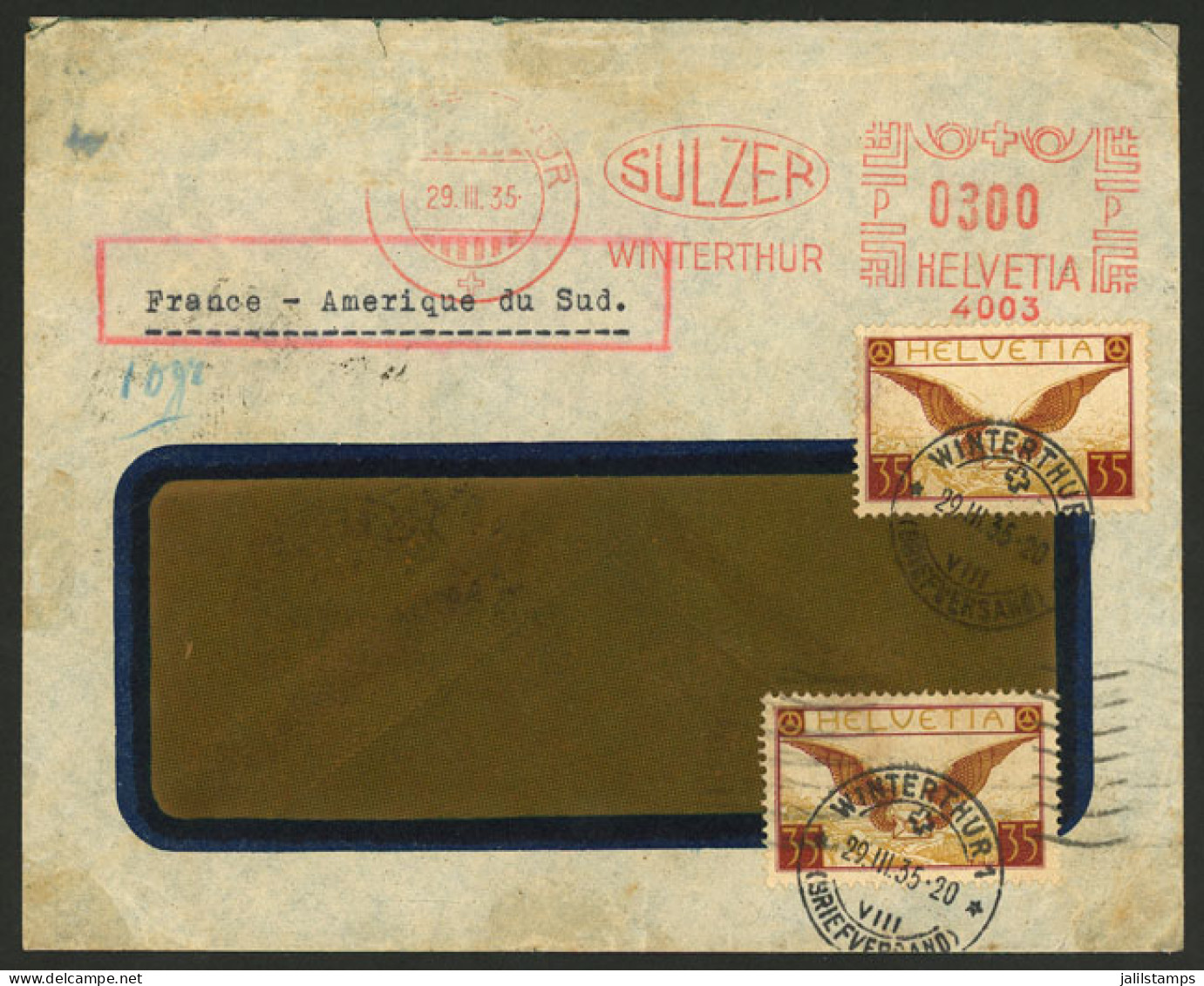 SWITZERLAND: 29/MAR/1935 Winterthur - Rio De Janeiro: Airmail Cover Sent By Air France With Mixed Postage (meter + Posta - Andere & Zonder Classificatie