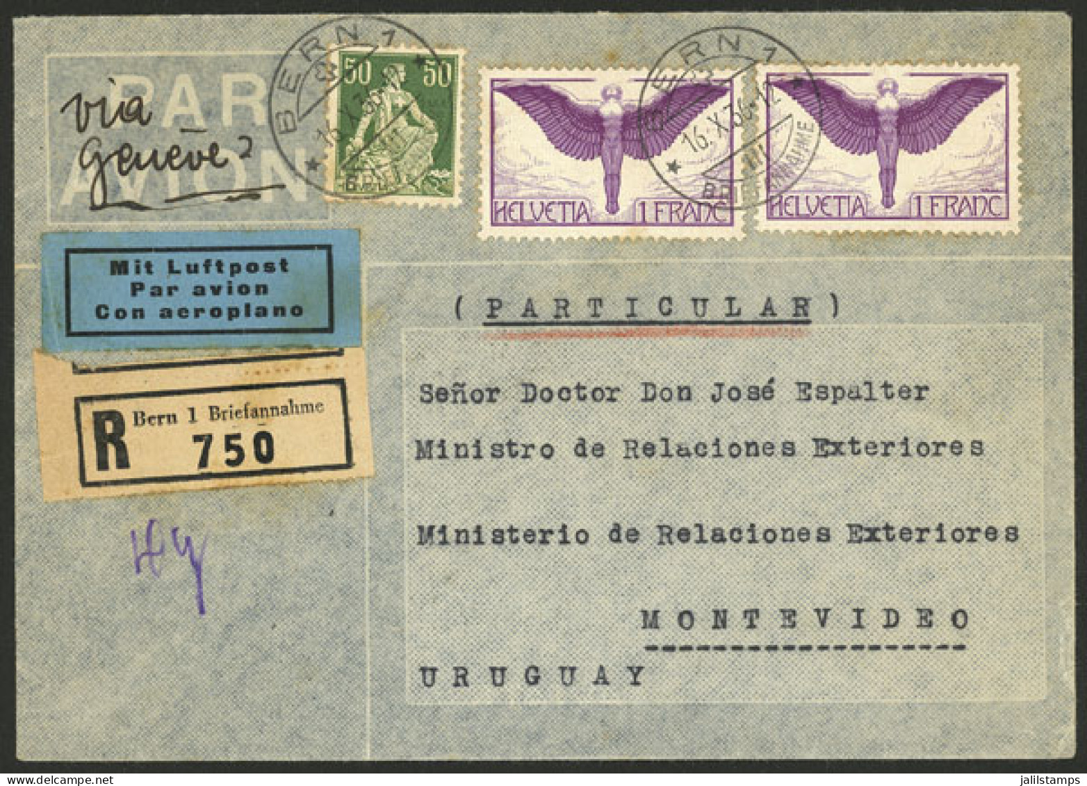 SWITZERLAND: 16/OC/1936 Bern - Uruguay, Registered Airmail Cover Franked With 2.50Fr., On Back There Is A Transit Mark O - Other & Unclassified