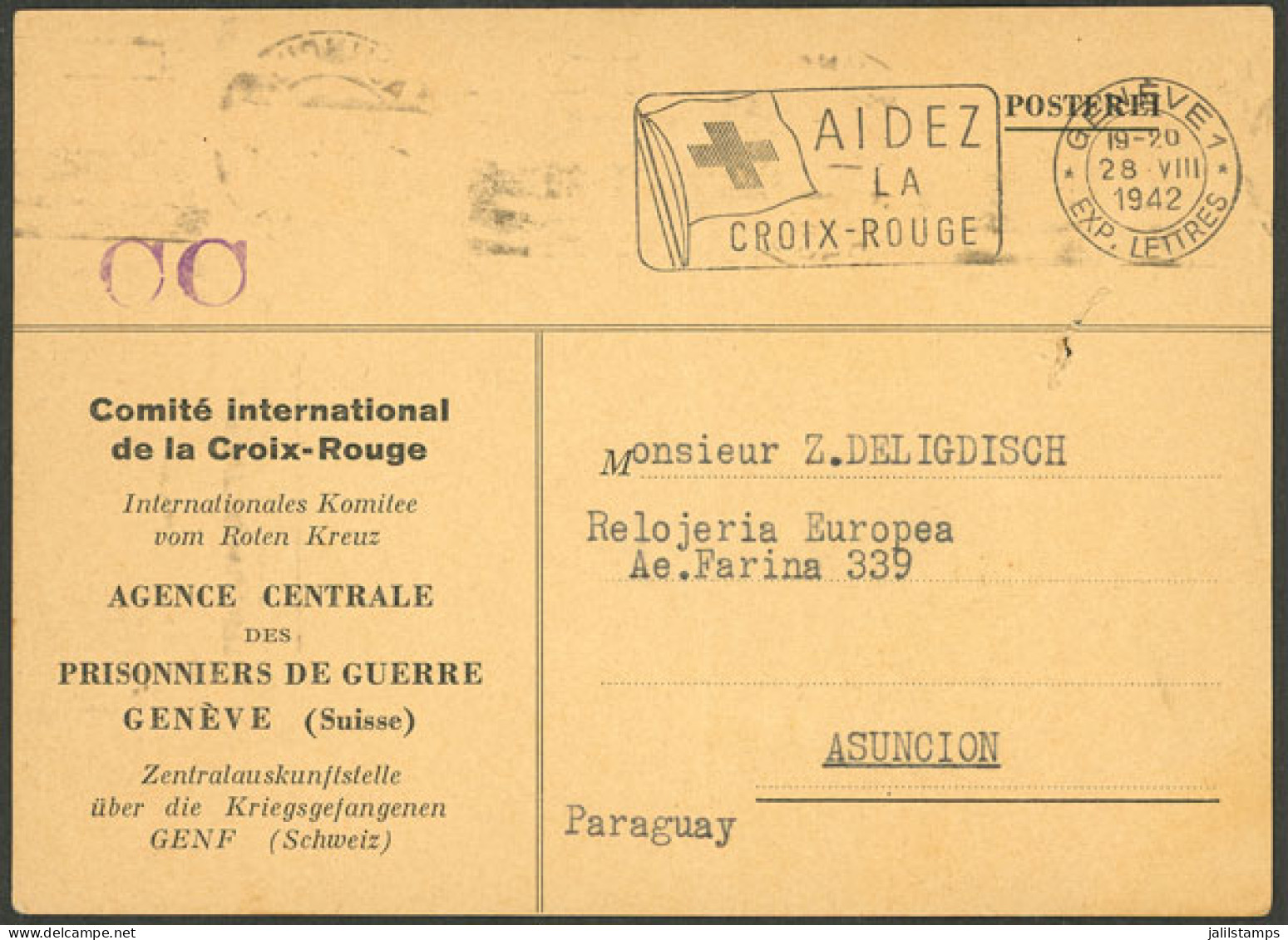 SWITZERLAND: Card Of The Central Prisoners Of War Agency Of The Red Cross Sent From Geneve To Paraguay On 28/AU/1942, Ar - Otros & Sin Clasificación