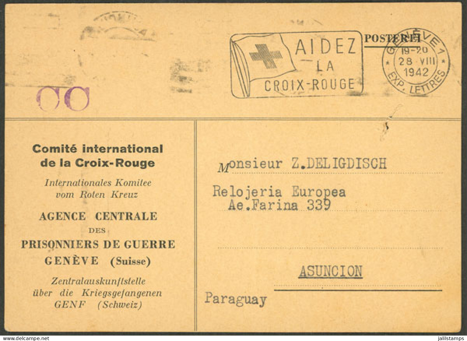 SWITZERLAND: Card Of The Central Prisoners Of War Agency Of The Red Cross Sent From Geneve To Paraguay On 28/AU/1942, Ar - Andere & Zonder Classificatie