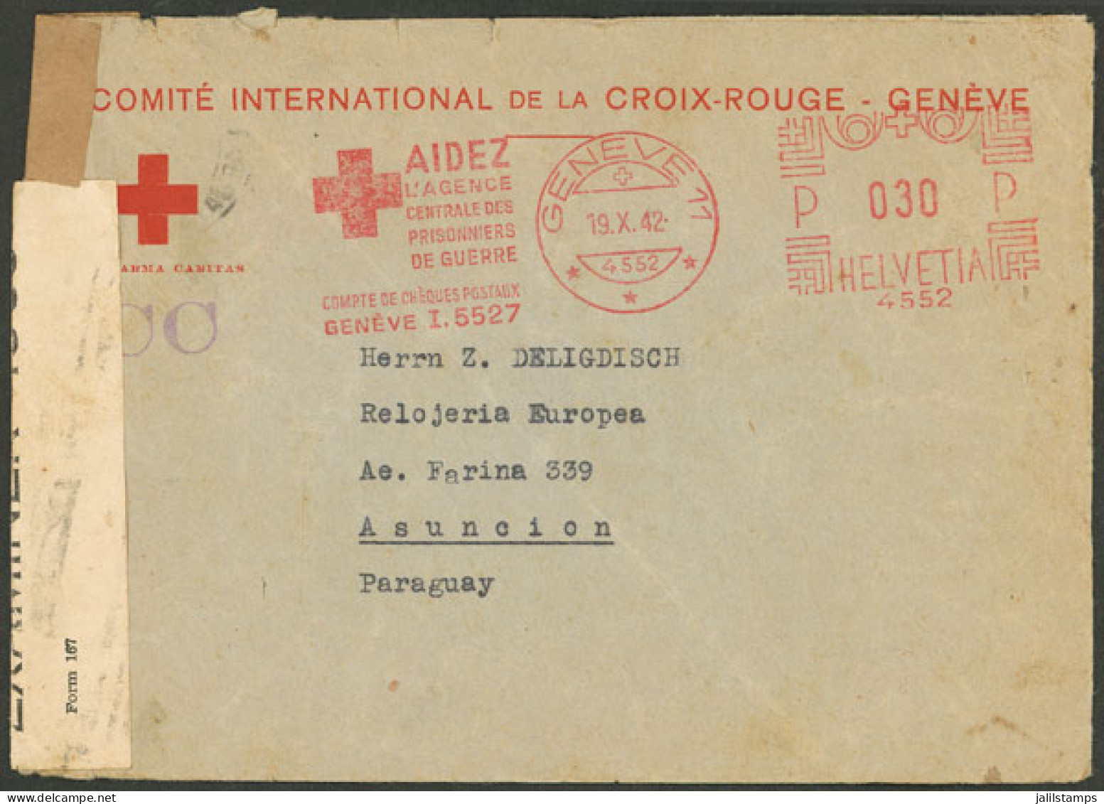 SWITZERLAND: Red Cross Cover Sent From Geneve To Paraguay On 19/OC/1942, With Censor Labels And Machine Cancel Of The Ce - Other & Unclassified