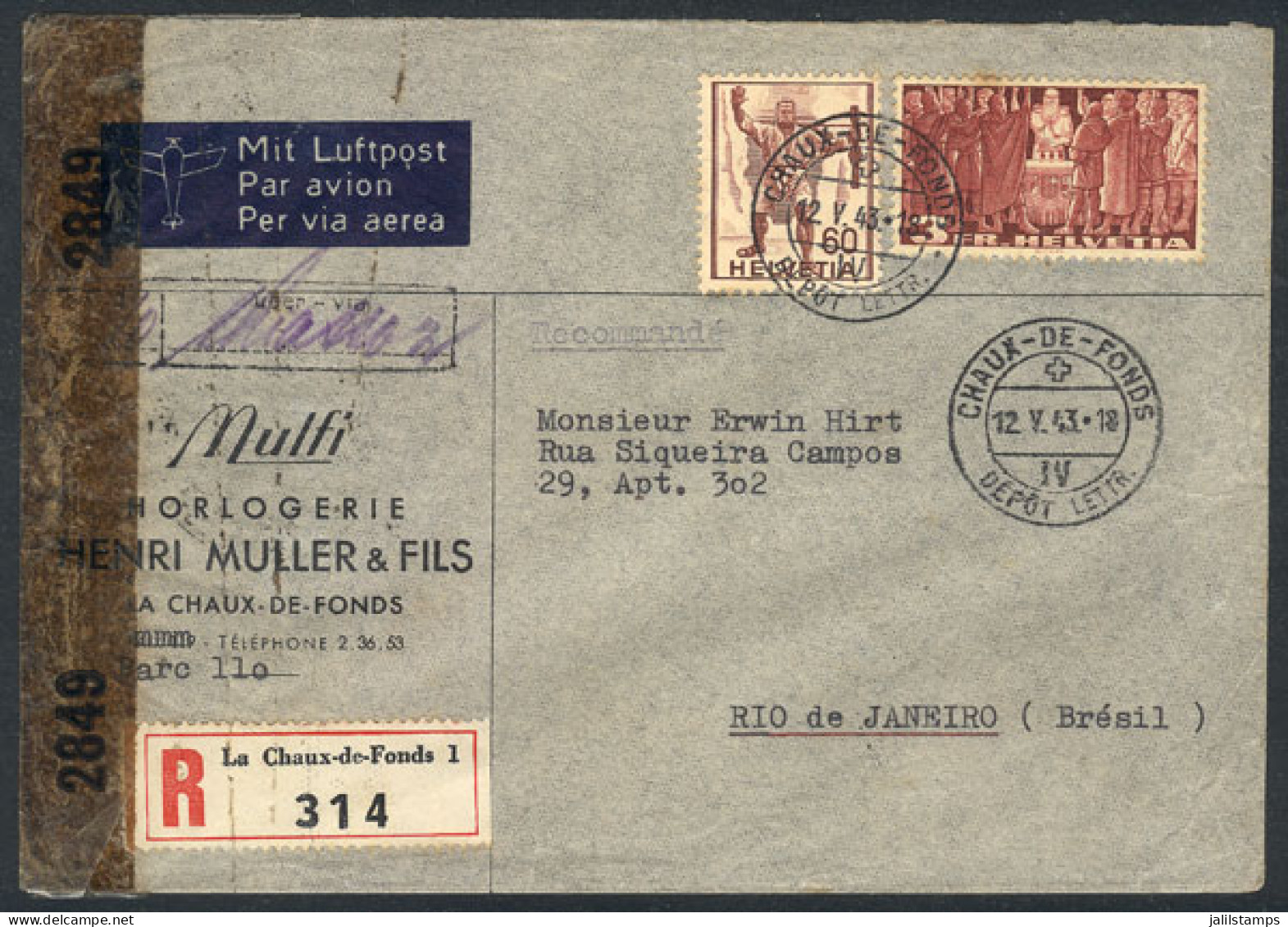 SWITZERLAND: Registered Airmail Cover Sent From Chaux-de-Fonds To Rio On 12/MAY/1943 Franked With 3.60Fr., Censored, VF  - Sonstige & Ohne Zuordnung