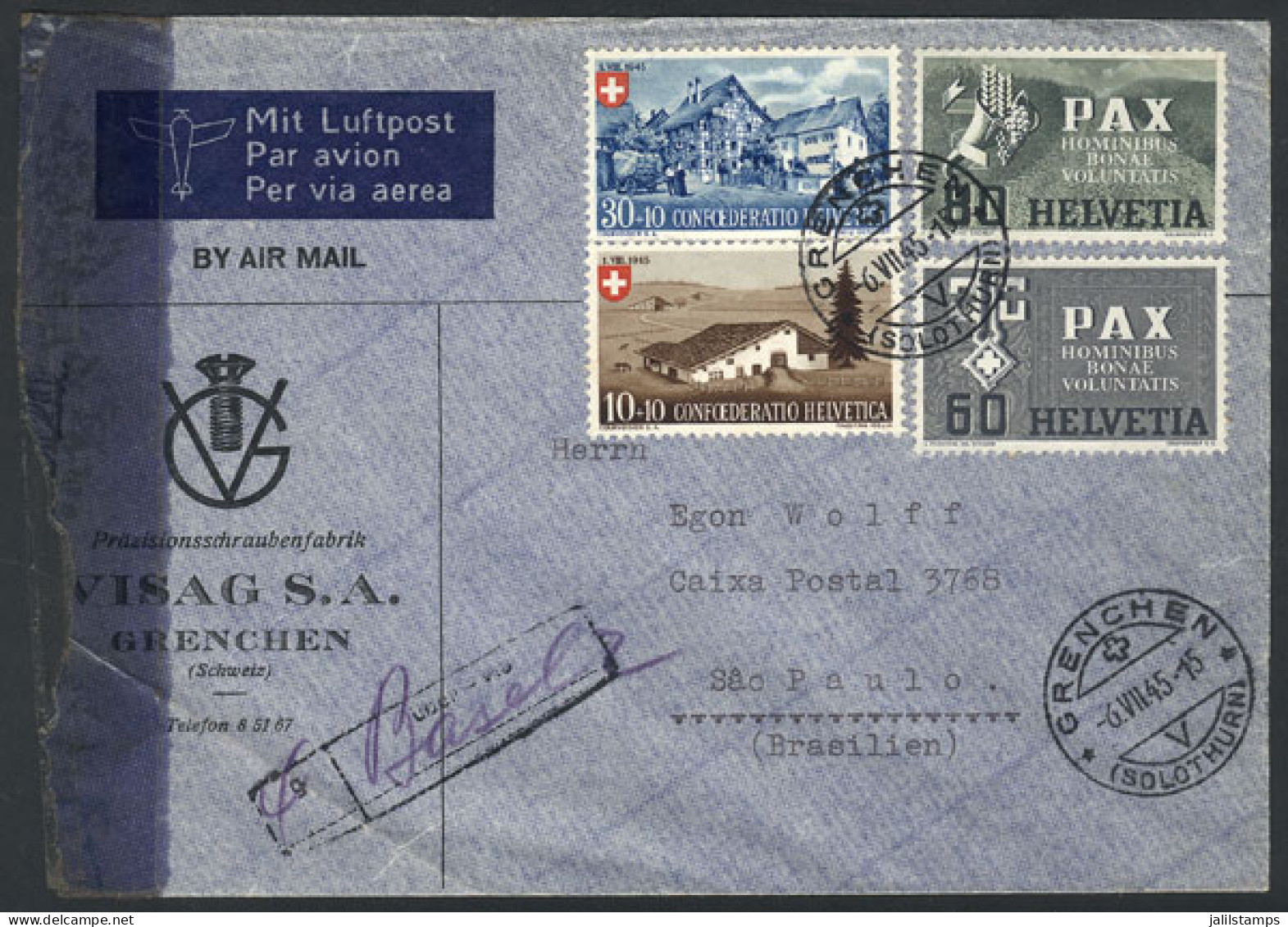 SWITZERLAND: Airmail Cover Sent From Grenchen To Brazil On 6/JUL/1945 Franked With 1.80Fr. (Sc.300 + Other Values, 80c.  - Otros & Sin Clasificación