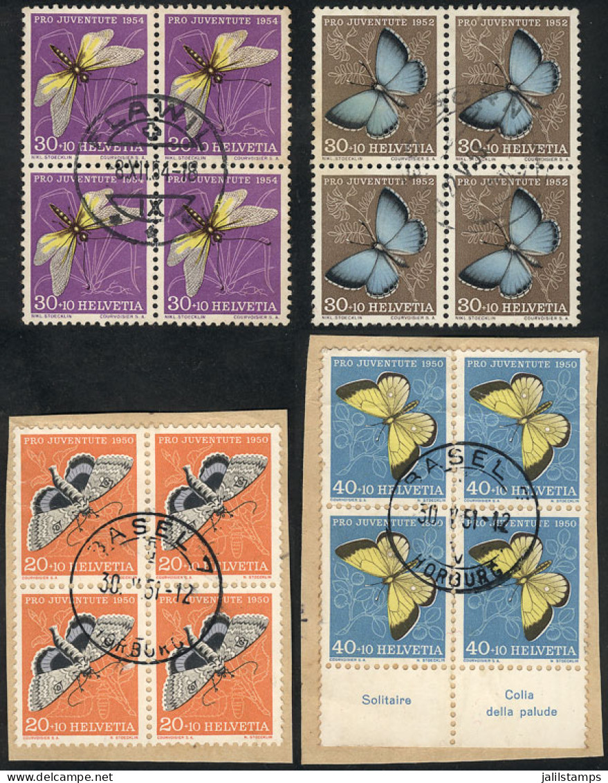 SWITZERLAND: 4 Blocks Of 4 Used In 1951/4, Topic Butterflies And Insects, Very Fine Quality, High Zumstein Catalogue Val - Andere & Zonder Classificatie