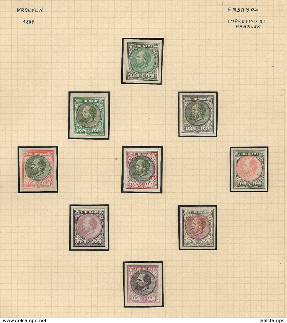 SURINAME: 1872/1888 King William III, Collection Of TRIAL COLOR PROOFS On 4 Pages Of An Old Collection, In Total 44 Diff - Suriname