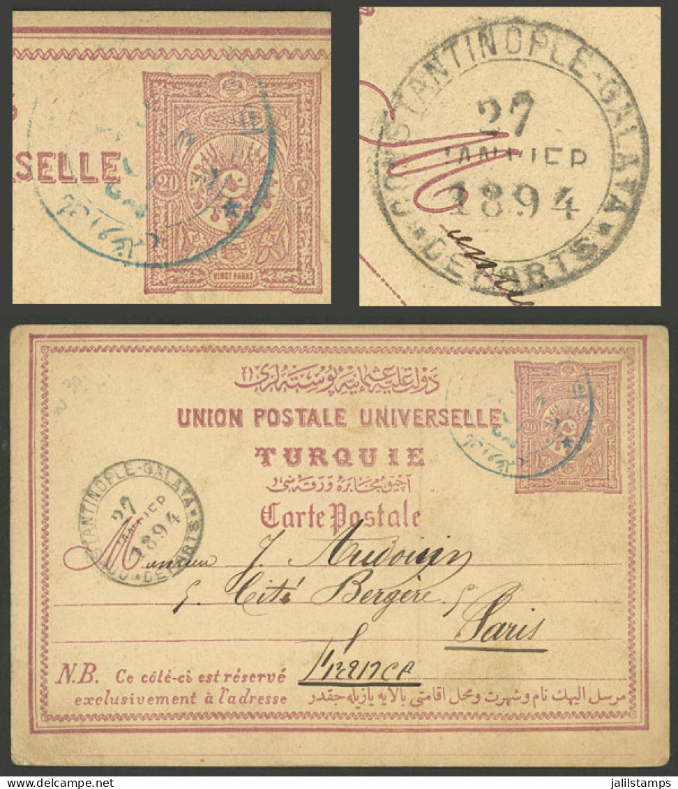 TURKEY: 20p. Postal Card Sent To Paris In 1894 With Attractive Postal Markings! - Altri & Non Classificati