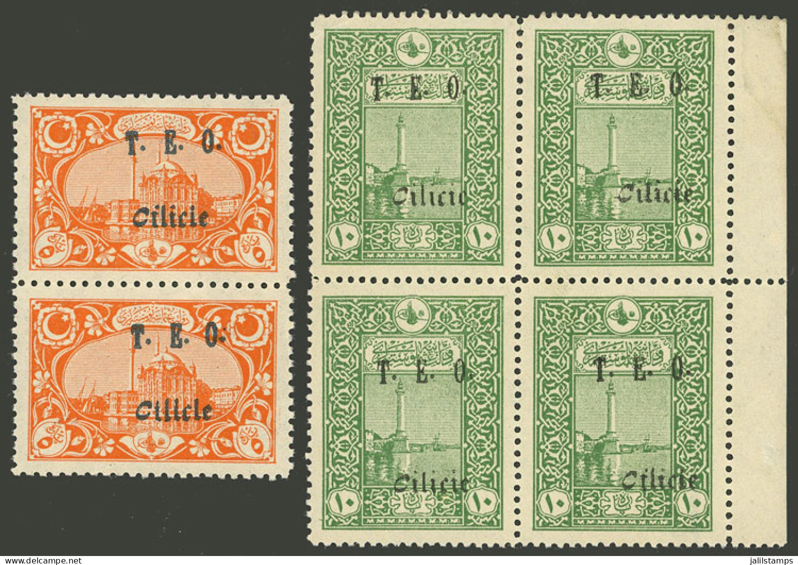 TURKEY - CILICIA: Sc.80, 1919 Lighthouse 10pa. Green, MNH Block Of 4 Of Excellent Quality. The Overprints Have Different - Andere & Zonder Classificatie